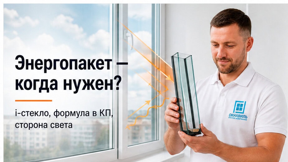 Обложка: эксперт ОкнаВиль с образцом энергостеклопакета, тёмный Roboto Bold, без нижней плашки