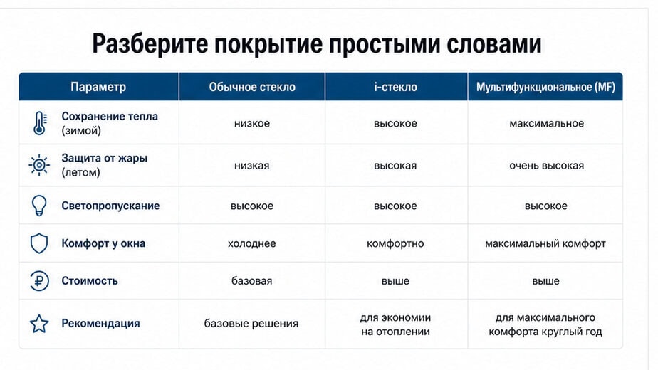 Таблица: обычное, i-стекло и мультифункциональное покрытие