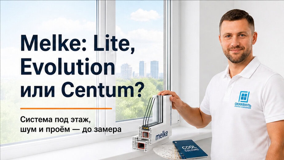 Обложка: эксперт ОкнаВиль у профиля Melke на подоконнике и Cool Colours, взгляд в камеру, тёмный Roboto Bold, без нижней плашки