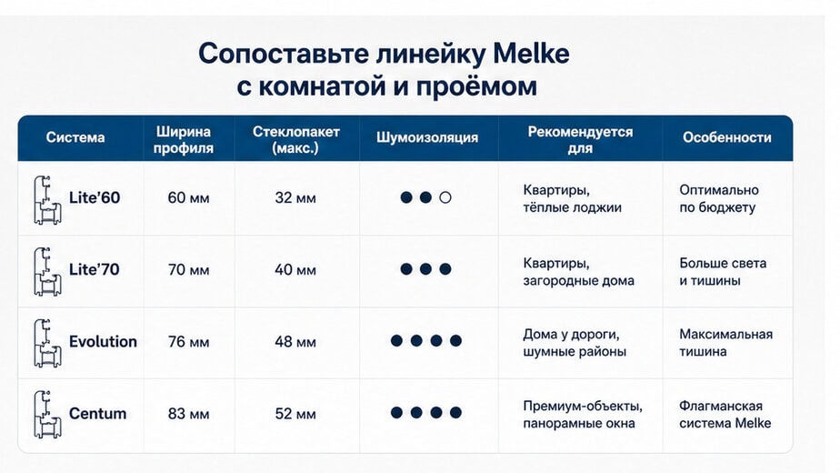 Таблица сопоставления систем Melke Lite, Evolution, Centum с этажом, шумом и проёмом
