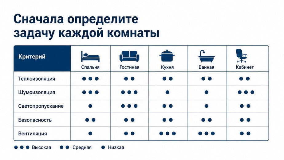 Таблица: задачи комнат — тепло, шум, бюджет