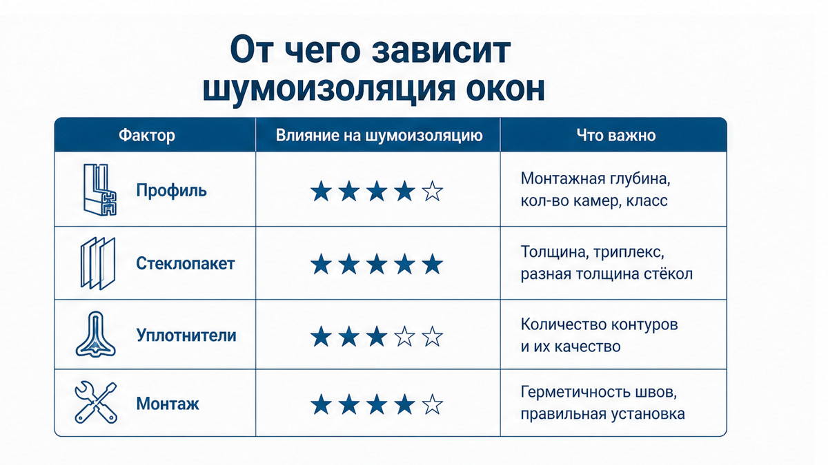 Таблица: тип профиля, камеры, толщина и ориентир снижения шума
