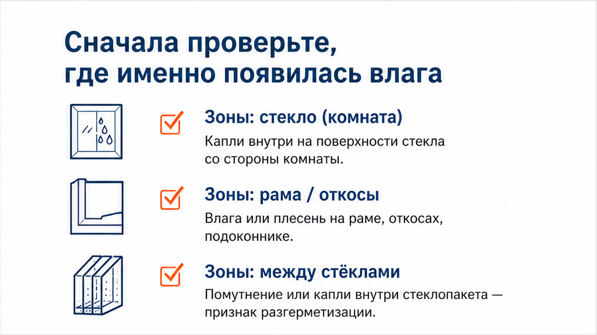 Чеклист: где именно появилась влага — на стекле, раме или между стёклами