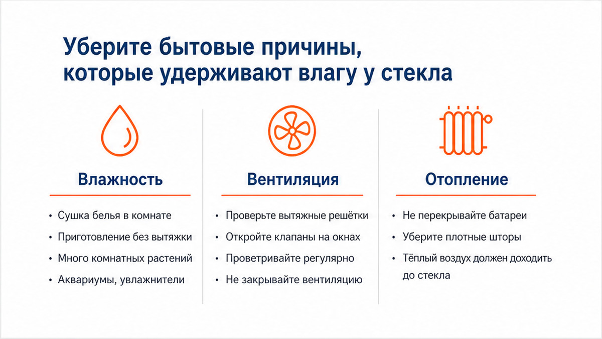 Сравнительная таблица бытовых причин конденсата у стекла