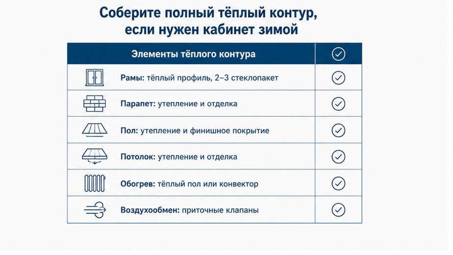 Чеклист полного тёплого контура балкона для кабинета зимой