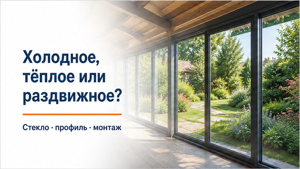 Обложка без человека: остекление веранды загородного дома, крупные створки, мягкий белый градиент к тексту, без выносок