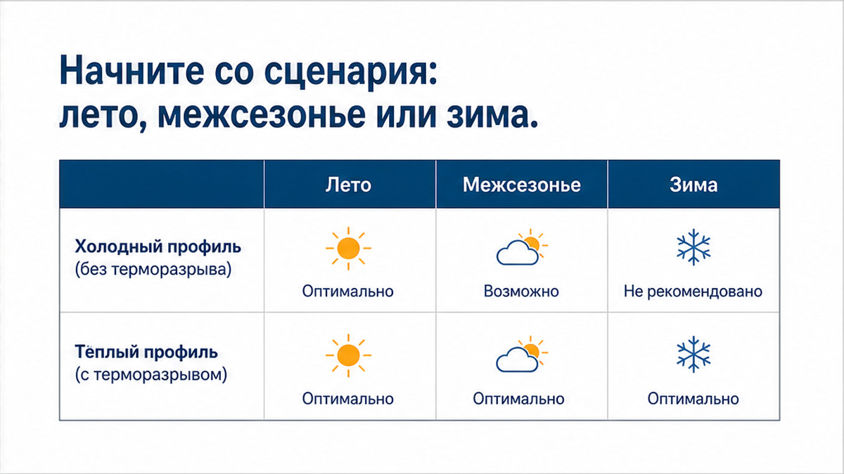 Таблица сценариев веранды: лето, межсезонье и зима против холодного и тёплого остекления
