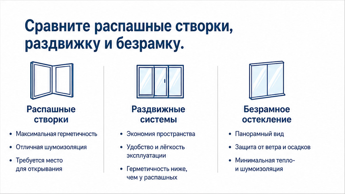 Чеклист сравнения распашных створок, раздвижки и безрамного остекления веранды