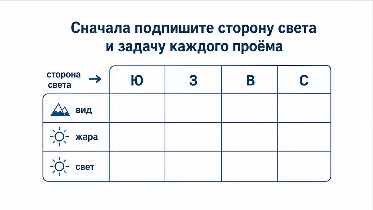 Таблица: сторона света панорамы и задача проёма