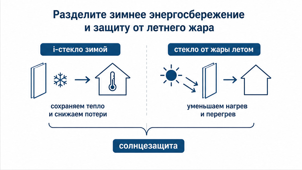 Схема: зимнее энергостекло и летняя солнцезащита