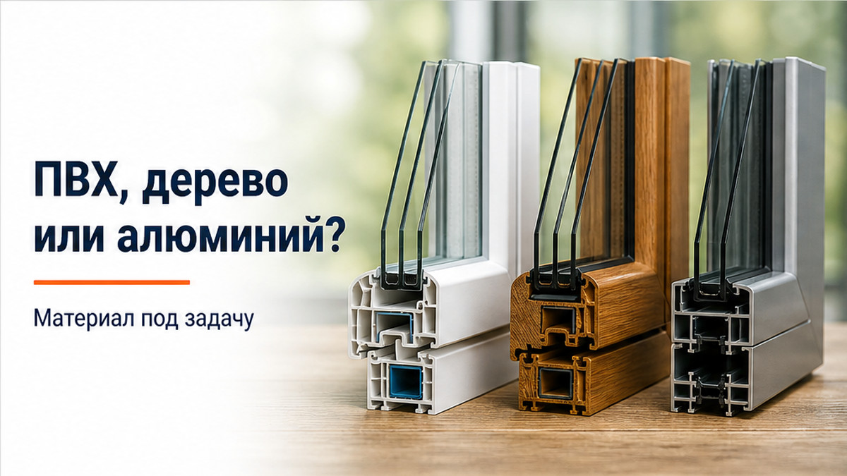 Обложка без человека: три образца профиля ПВХ, дерево и алюминий на столе