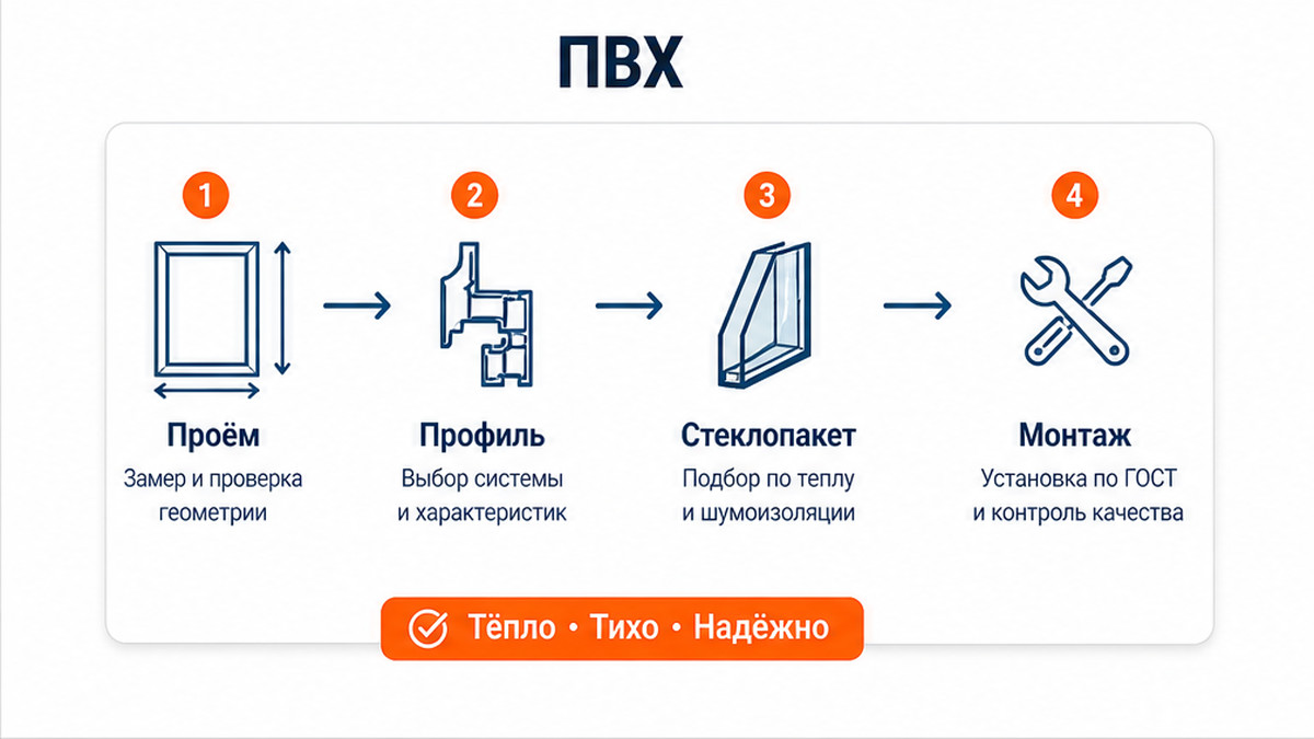 Схема выбора ПВХ как базы для типовых проёмов: проём, профиль, стеклопакет, монтаж