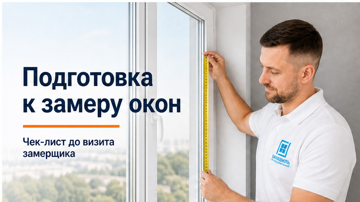 Обложка: эксперт ОкнаВиль у расчищенного проёма с рулеткой, заголовок «Подготовка к замеру окон»
