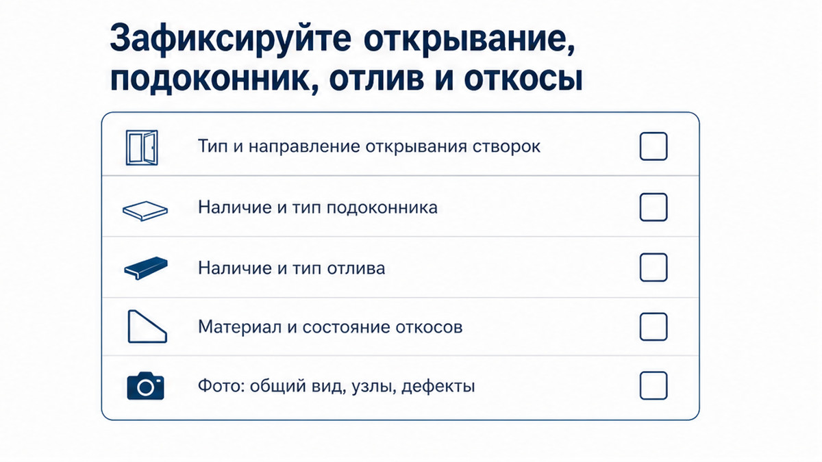 Чеклист: открывание, подоконник, отлив и откосы