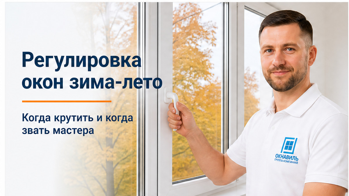 Обложка: эксперт ОкнаВиль у квартирного ПВХ-окна, рука на ручке створки, за стеклом осенние деревья, тёмный Roboto Bold, без нижней плашки