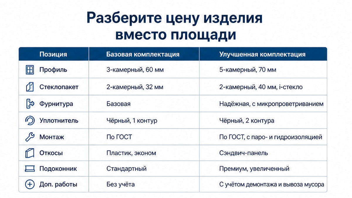 Сравнительная таблица состава изделия окна: профиль, стеклопакет, фурнитура