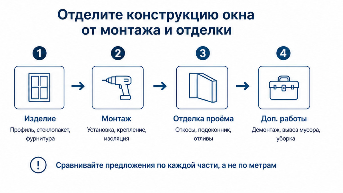 Схема: конструкция окна отдельно от монтажа и отделки проёма