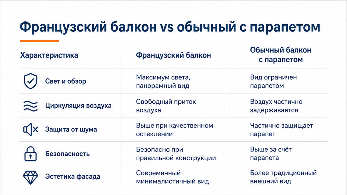 Сравнительная таблица / UI-мокап: 1. Сравните французское остекление с обычным балконом