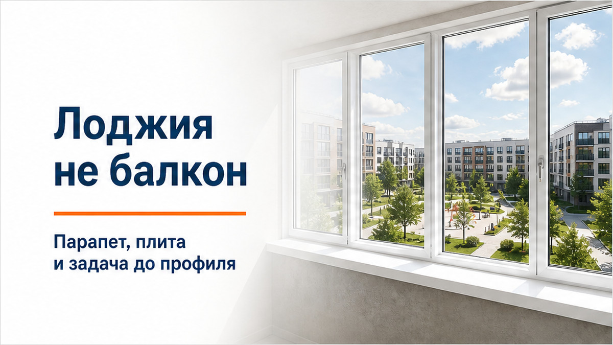 Обложка без человека: остеклённая лоджия с белым ПВХ на бетонном парапете, вид российского двора через стекло, мягкий белый градиент к тексту