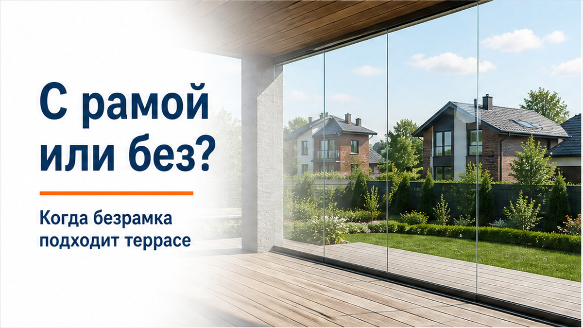 Обложка без человека: безрамные раздвижные стёкла на террасе загородного дома, мягкий белый градиент к тексту
