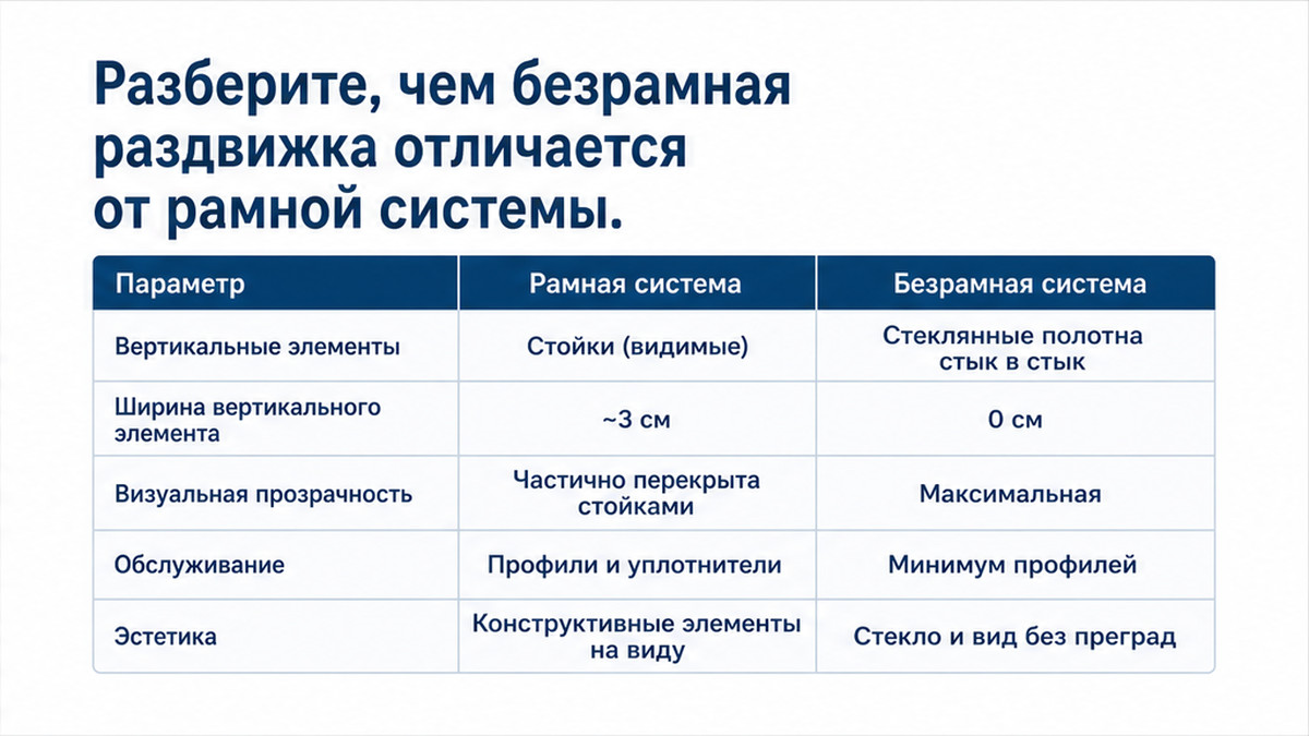 Сравнительная таблица: рамная система против безрамной раздвижки террасы