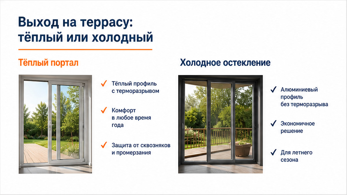Чеклист / printable board: 3. Выход на террасу и веранду: разница между тёплым порталом и холодным остеклением