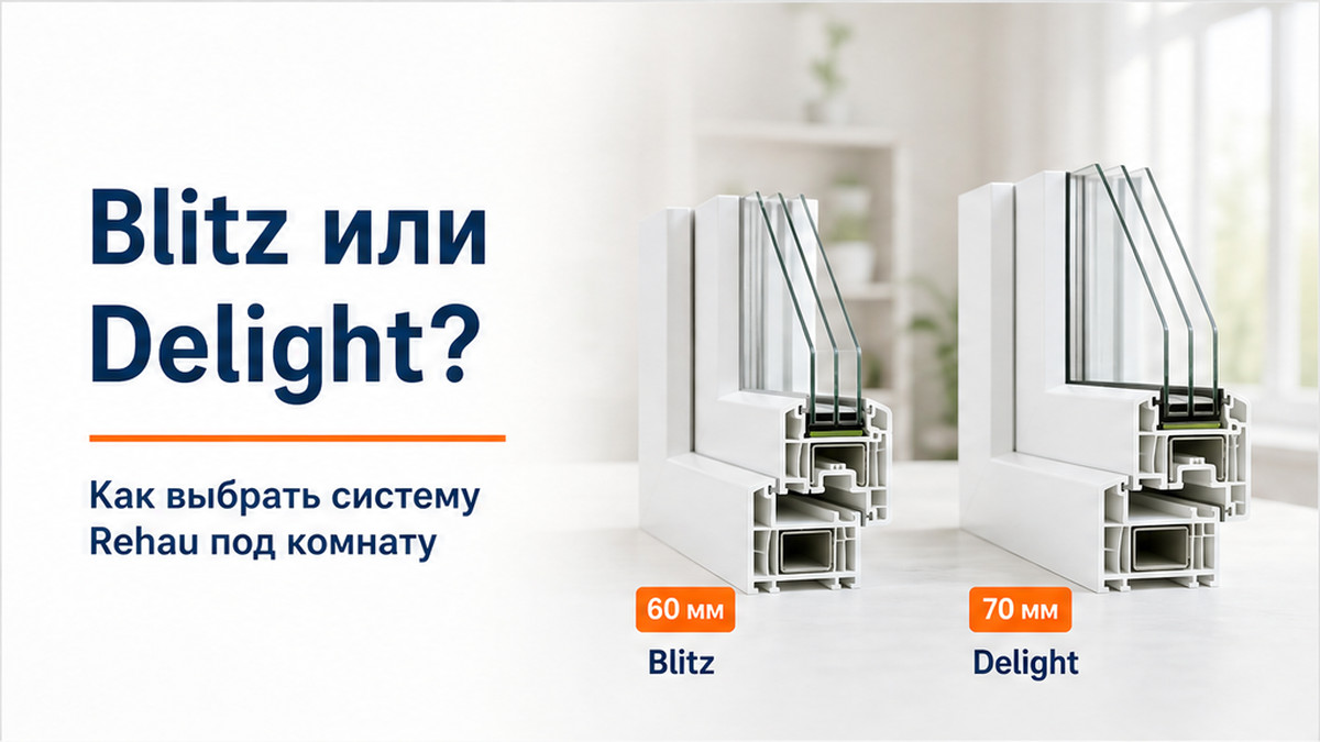 Обложка без человека: ПВХ-окно Rehau и сравнение профилей Blitz и Delight, мягкий белый градиент к тексту