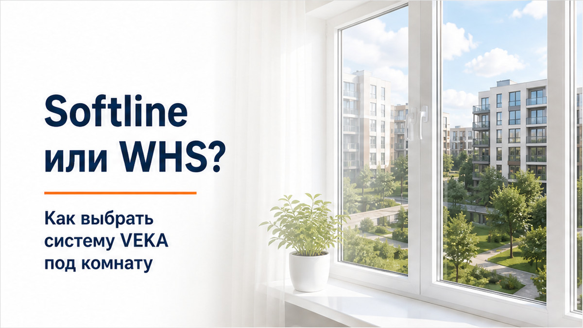 Обложка без человека: ПВХ-окно и сравнение профилей VEKA Softline и WHS, мягкий белый градиент к тексту
