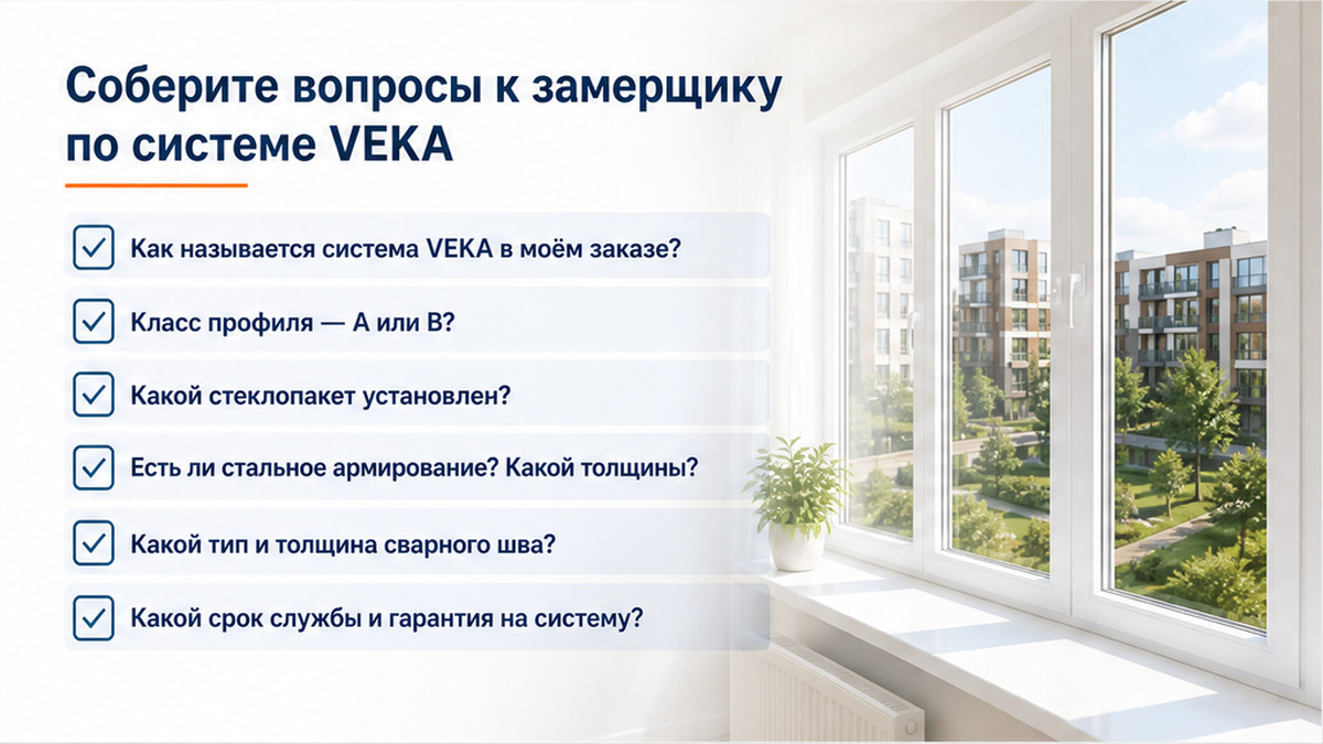 Чеклист вопросов замерщику по системе VEKA: имя, класс, пакет, сталь