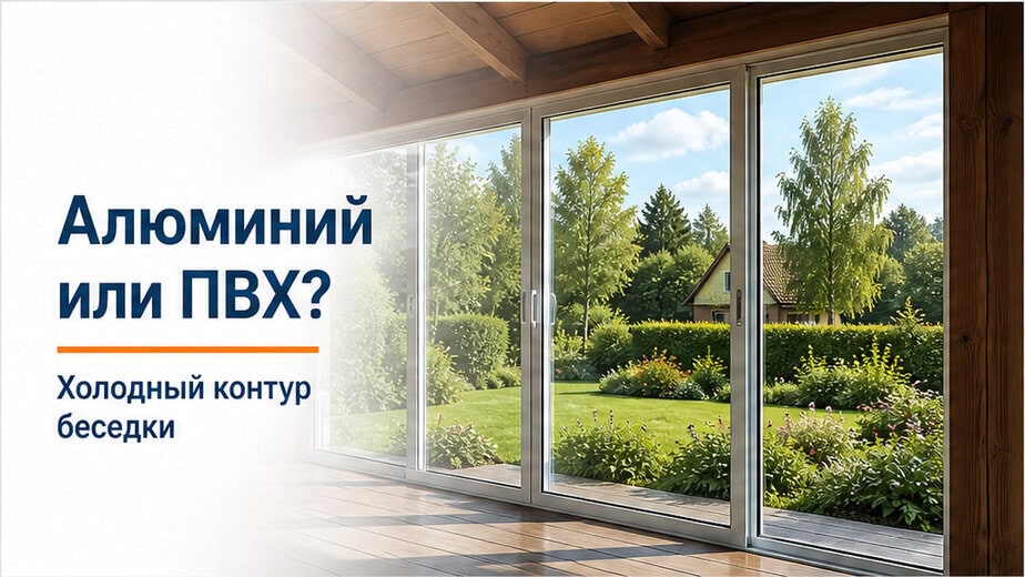 Обложка без человека: застеклённая беседка с белым алюминием, сад и небо через стекло, мягкий белый градиент к тексту